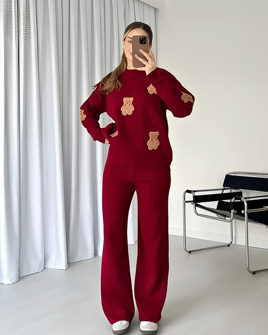 Maroon Bear Craze Printed Fleece Co-ord Set