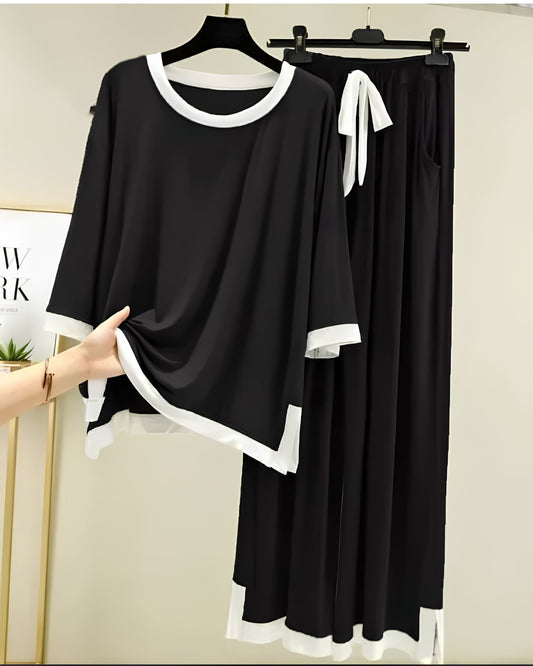 Black White Round Neck Palazzo PJ Set