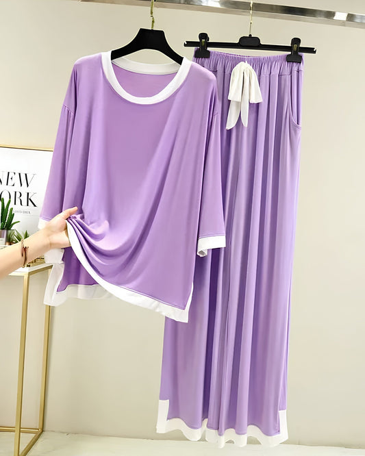 Purple White Round Neck Palazzo PJ Set