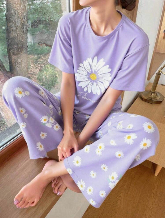 Purple Floral Printed Night Suit