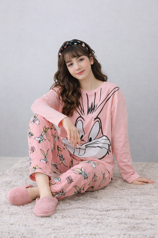 Pink Bunny Printed Night Suit