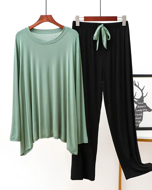 Sea Green With Black V-Neck Palazzo Suit PJ Set