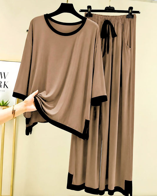 Coffee Brown Black Round Neck Palazzo PJ Set