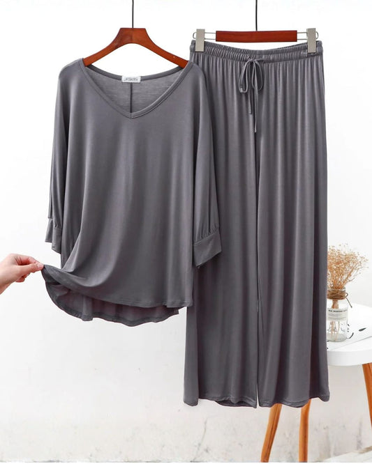 Charcoal V-Neck Palazzo PJ Set