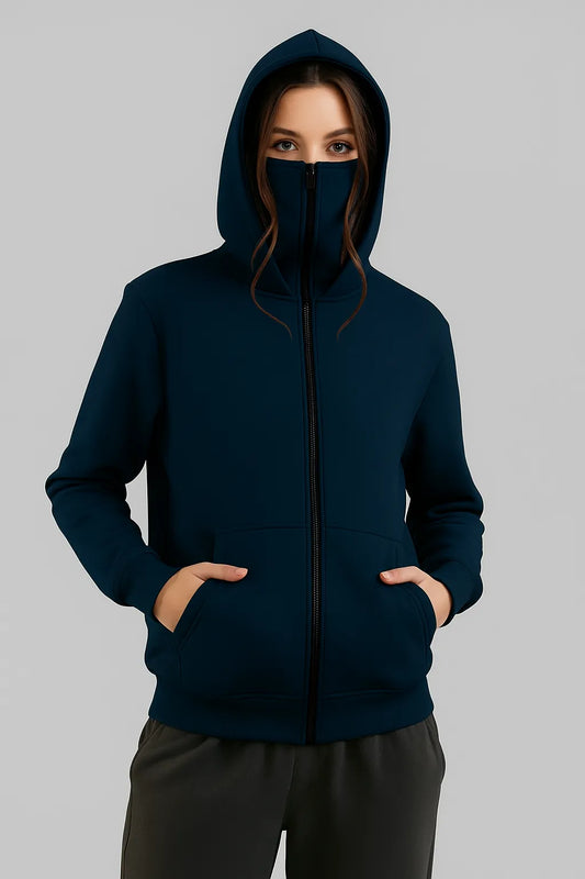 Navy Blue Balaclava Ninja Zipper Hoodie Jacket For Women