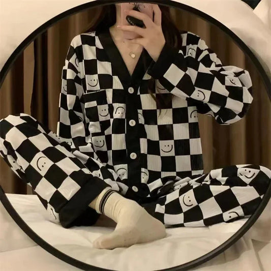 Black with White Smiley Printed V-Neck Button Printed Night Suit