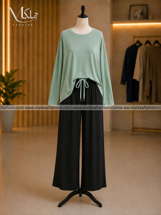 Sea Green With Black V-Neck Palazzo Suit PJ Set