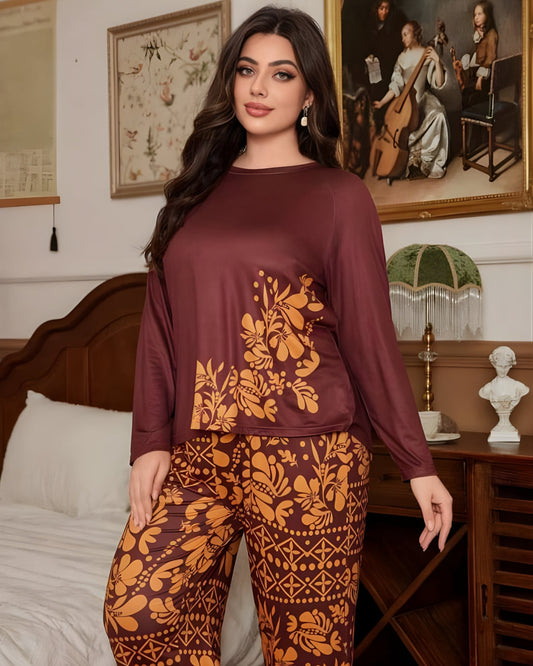 Maroon Leaves Printed Night Suit