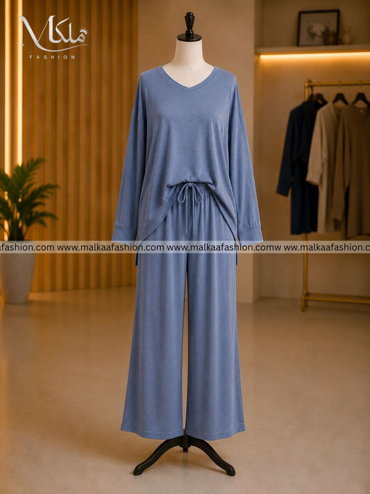 Teal Blue V-Neck Palazzo Women PJ Set