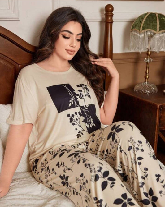 Cream Leaf Printed Night Suit Half Sleeves
