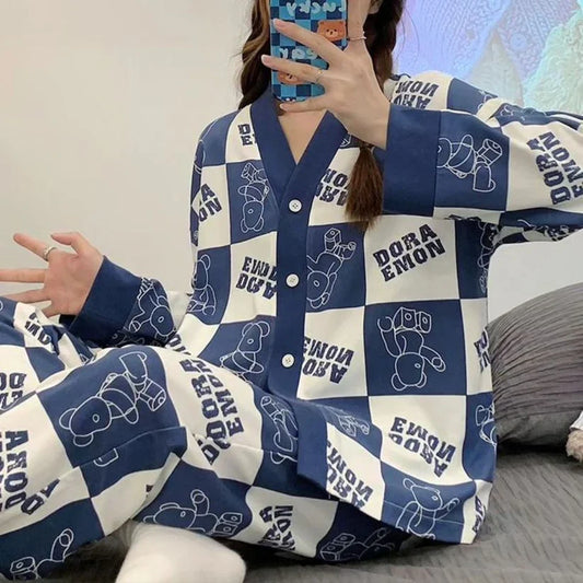 Blue with White Doraemon V-Neck Button Printed Night Suit