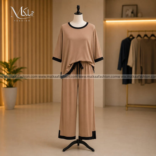Coffee Brown Black Round Neck Palazzo PJ Set