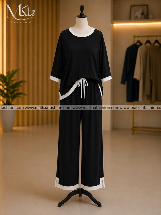 Black White Round Neck Palazzo PJ Set