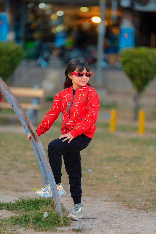 Kids Red Printed Zipper Jacket With Trouser (2 Piece)