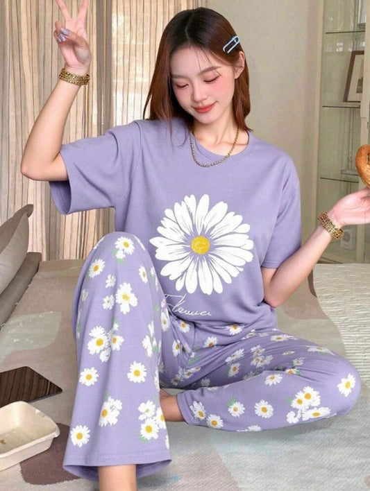 Purple Floral Printed Night Suit