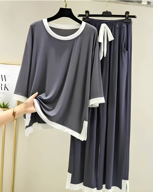 Grey White Round Neck Palazzo PJ Set