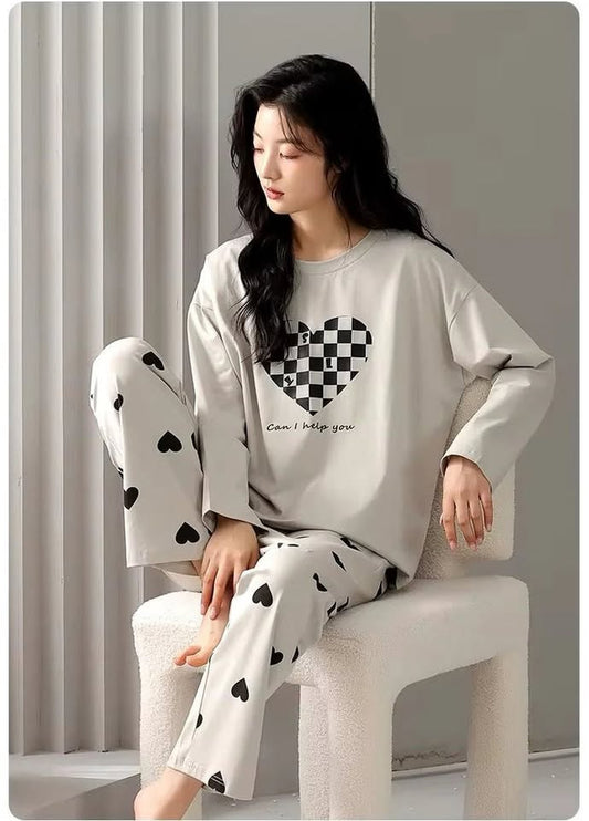 Grey Puzzle Heart Printed Night Suit