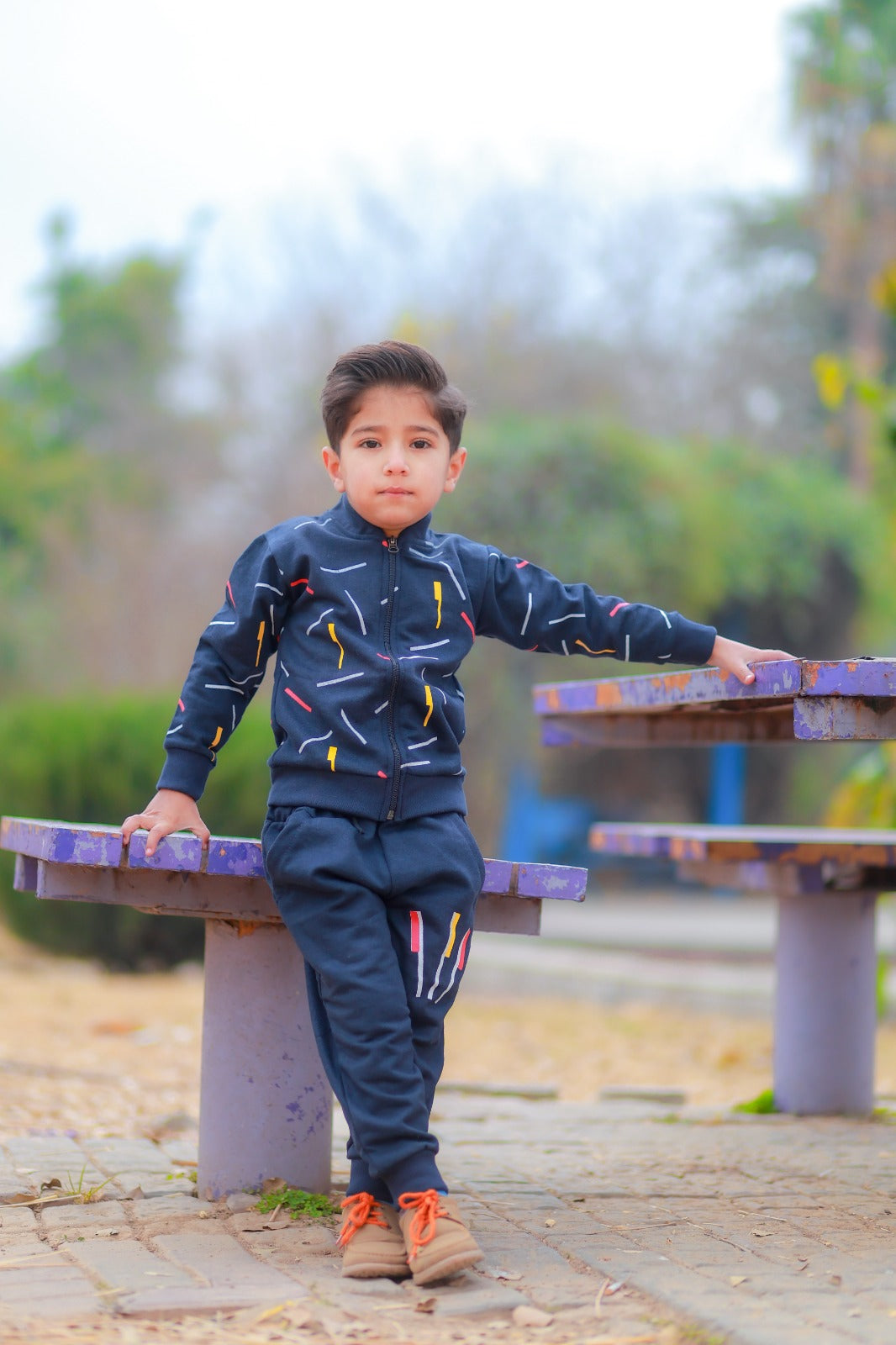 Kids Blue Printed Zipper Jacket With Trouser (2 Piece)
