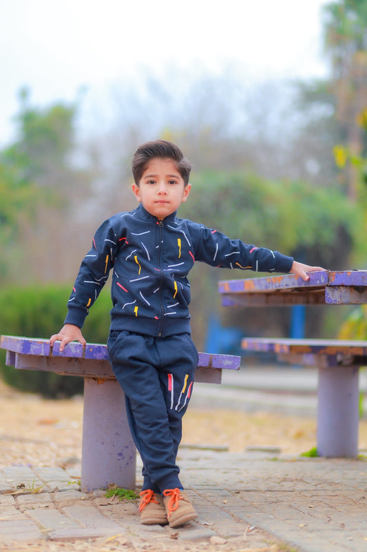 Kids Blue Printed Zipper Jacket With Trouser (2 Piece)