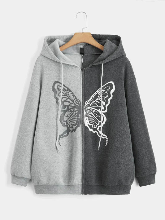 Charcoal With Grey Butterfly Zipper Hoodie For Women