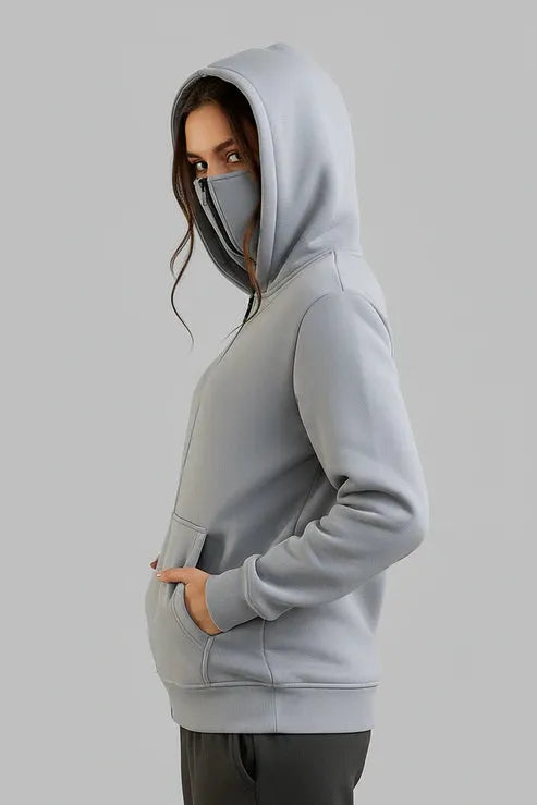 Grey Balaclava Ninja Zipper Hoodie Jacket For Women