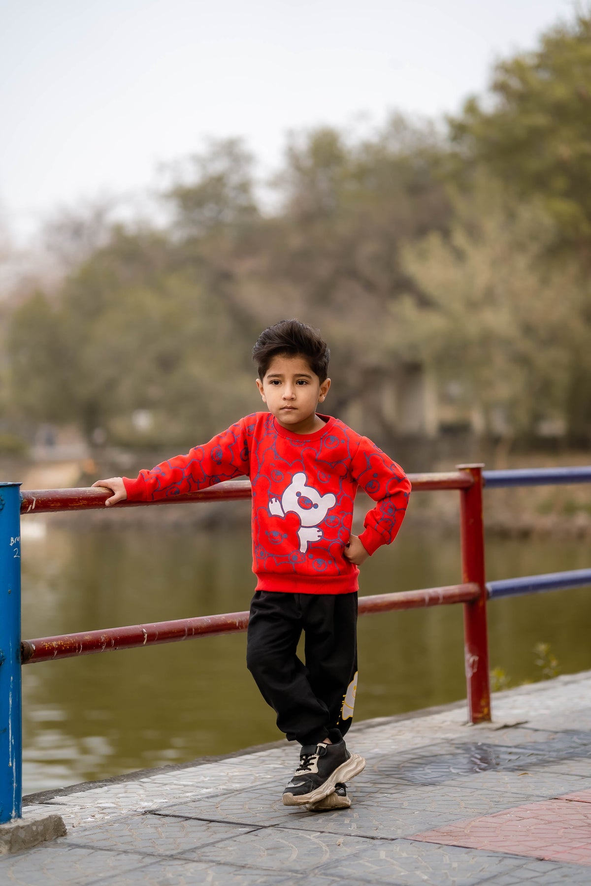 Red Bears Print Sweatshirt With Trouser For Kids (2 Piece)