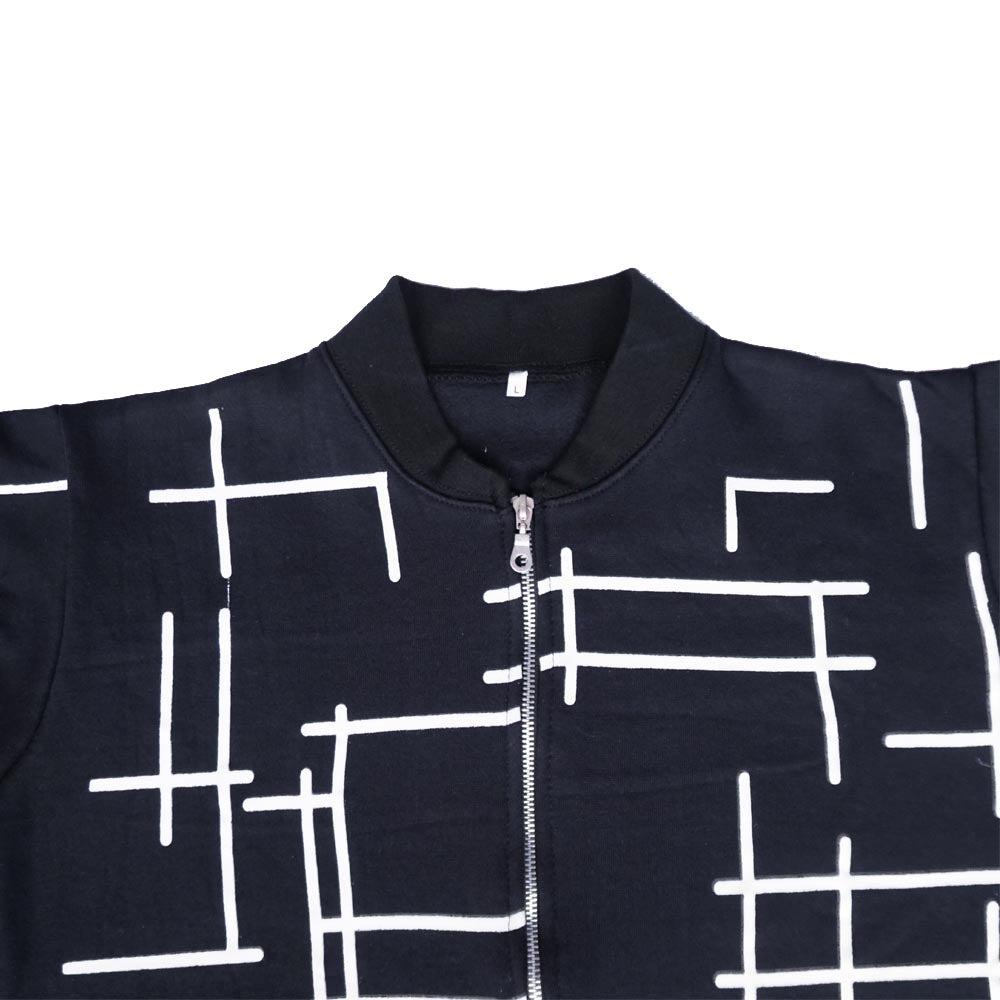 Black Printed Zipper Jacket For Women