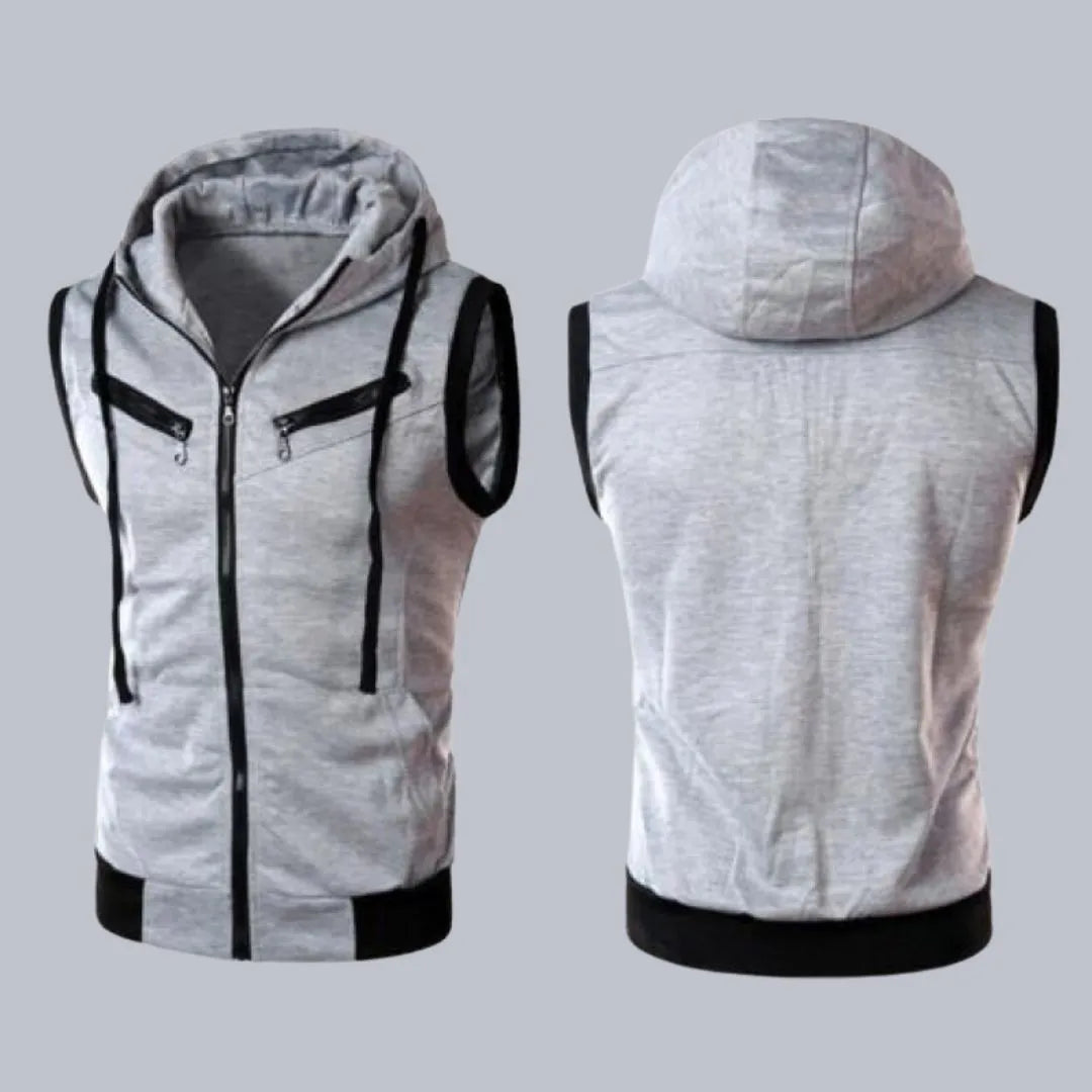 Grey Sleeveless Hooded Zipper For Women