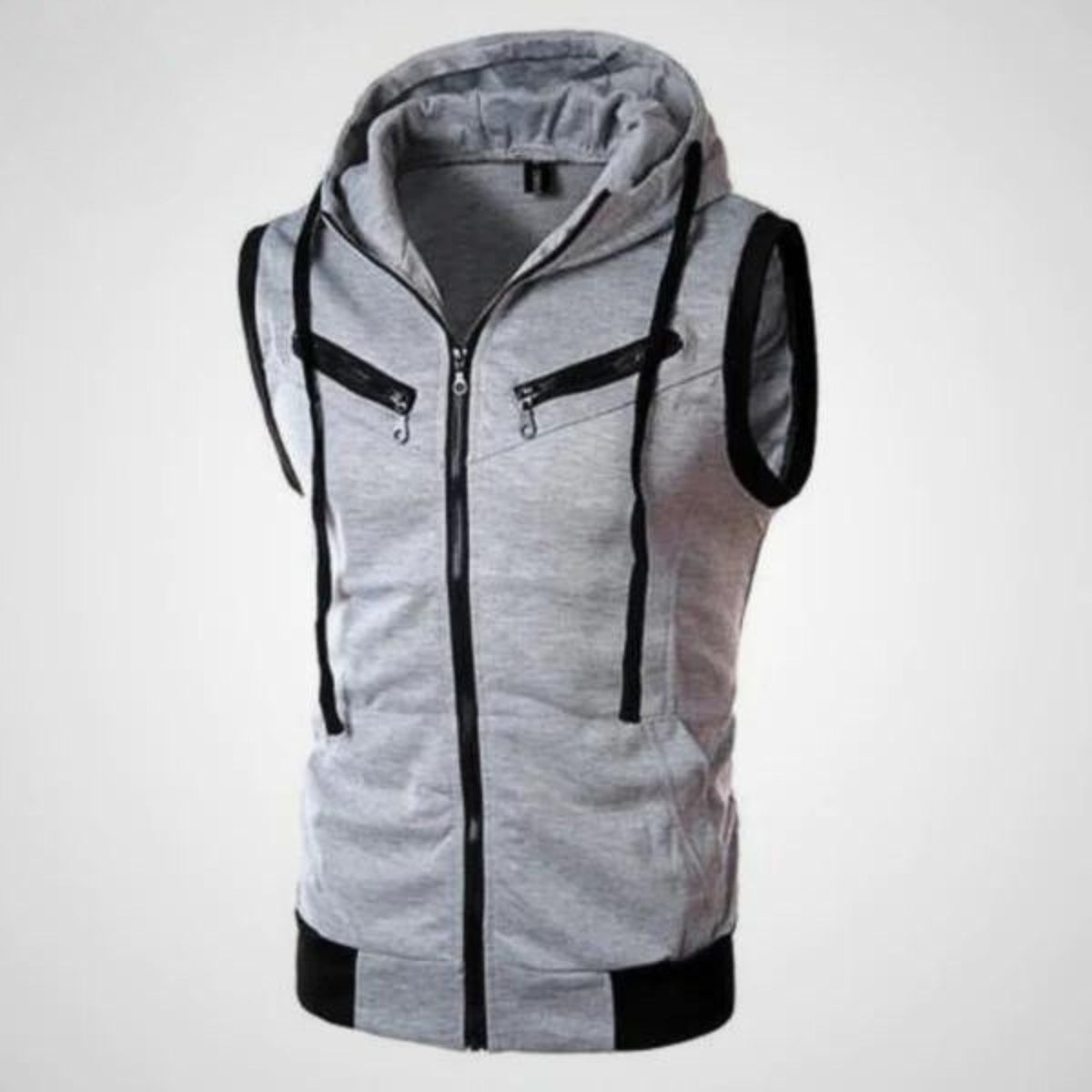 Grey Sleeveless Hooded Zipper For Women