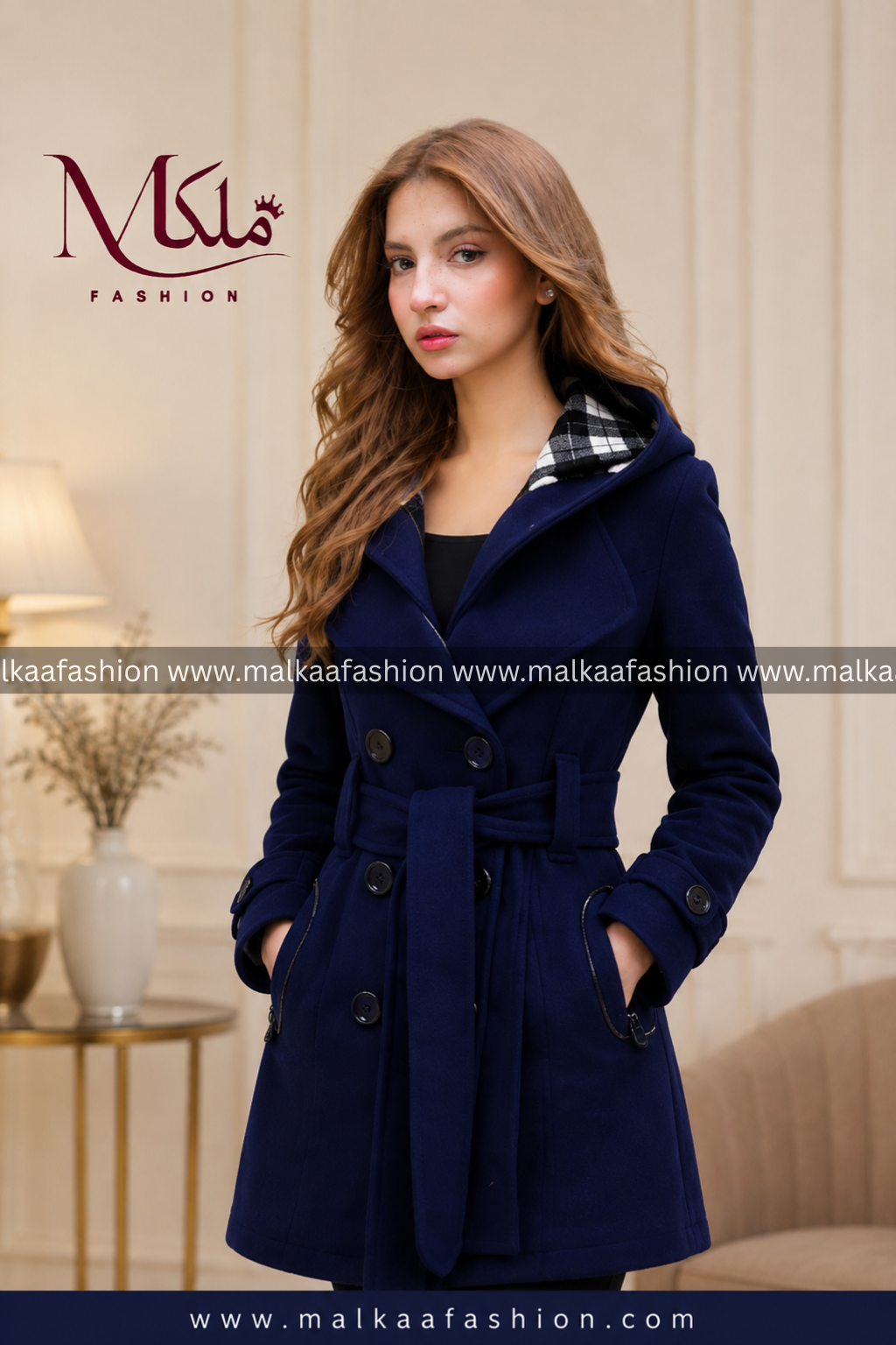 Navy Blue Women's Lace Trim Trench Coat Style Jacket