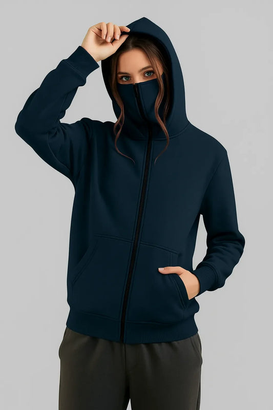 Navy Blue Balaclava Ninja Zipper Hoodie Jacket For Women