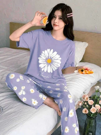 Purple Floral Printed Night Suit