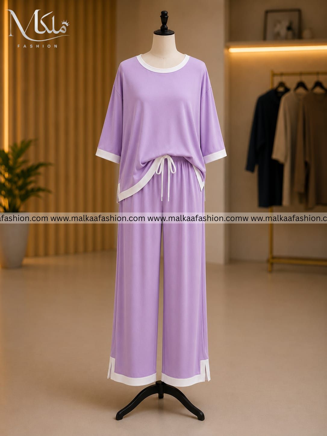 Purple White Round Neck Palazzo PJ Set