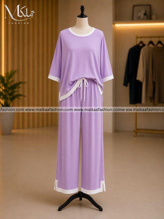 Purple White Round Neck Palazzo PJ Set