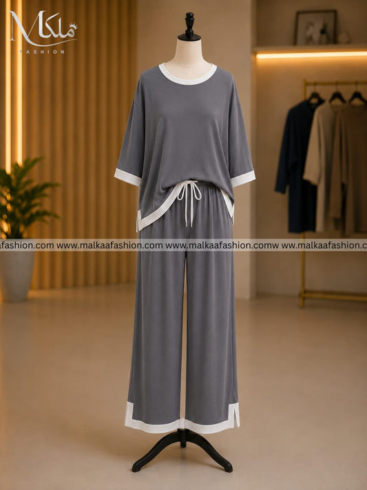 Grey White Round Neck Palazzo PJ Set